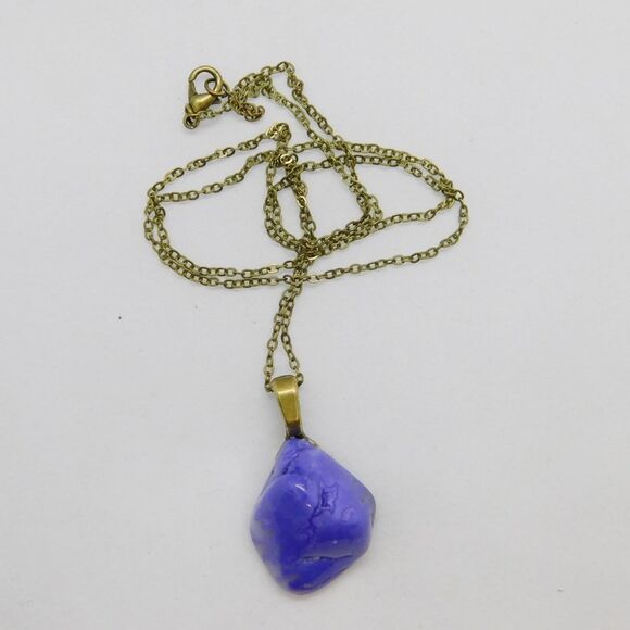 Purple Blue Polished Stone Pendant Necklace on 22 inch Antique Bronze Chain - Picture 8 of 10